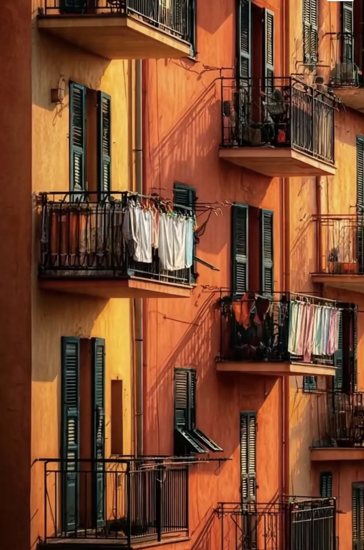 Terracotta balconies in hard afternoon light